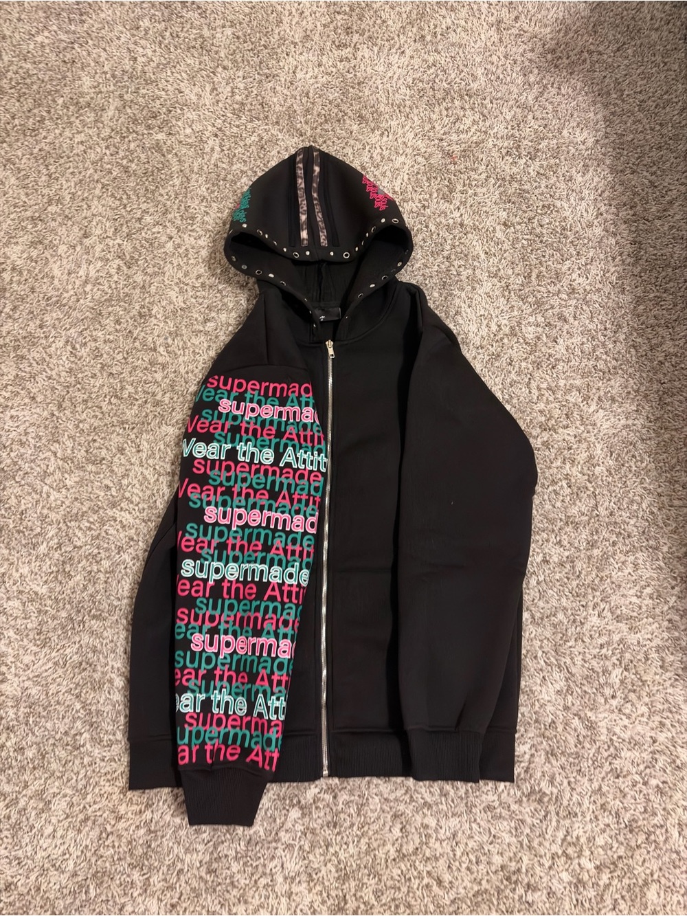 Black Kids Zip-Up Hoodie with Pink & Teal Graphic Sleeve